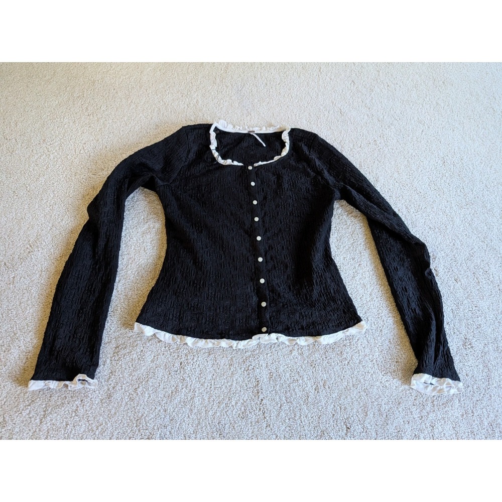 Free People Black White Victorian Maid Blackbird Ruffle Blouse Medium Womens